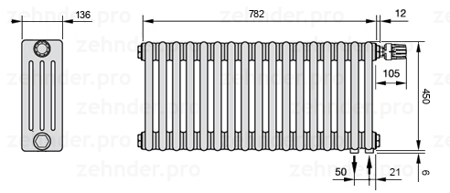 Схема (чертеж) Радиатор Zehnder Charleston 4045/17 №V002 Белый глянцевый RAL 9016